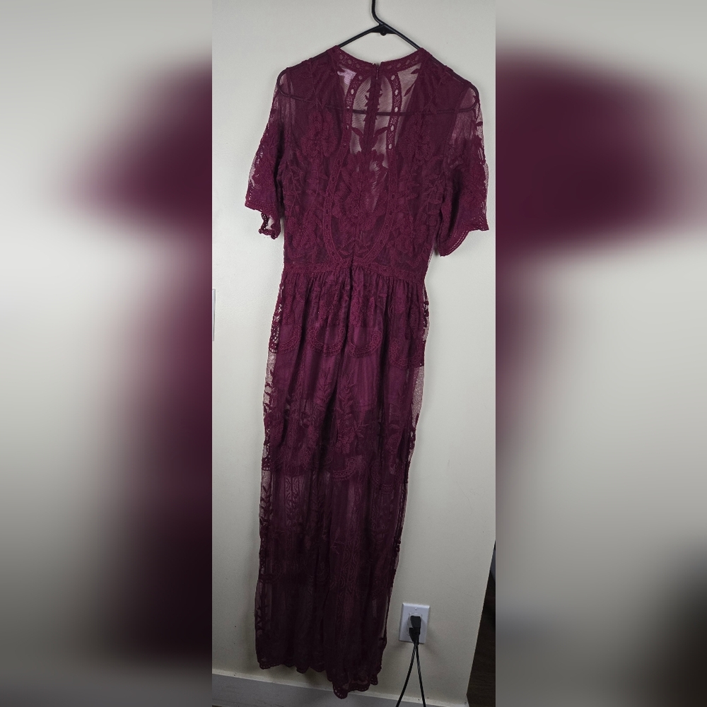 Honey Punch Endless Lace Romper Maxi Dress Size Medium Burgundy Wine Size M - Picture 6 of 7
